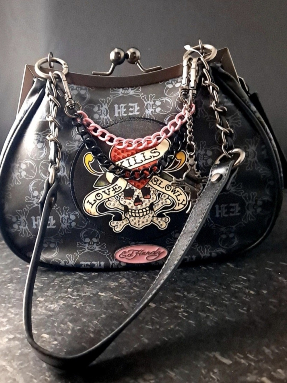 Ed Hardy Black 'Love Kills Slowly' Skull Frame Satchel (NWT)